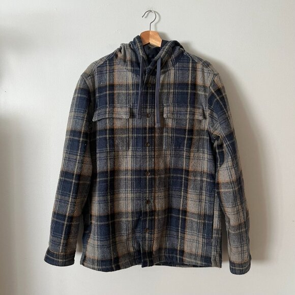 Prana Men's Asgard Hooded Plaid Flannel Wool Blend Shirt Jacket Blue Size Large - Picture 1 of 10